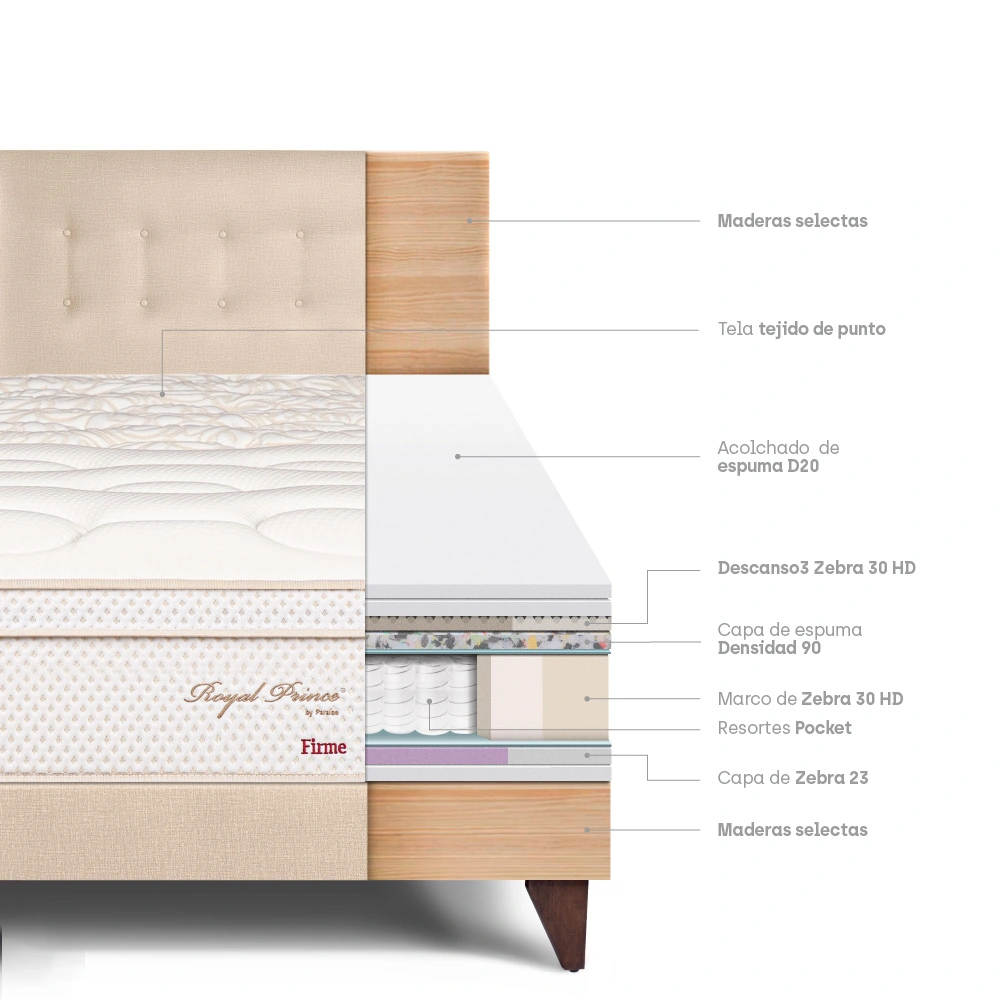 DORMITORIO EUROPEO PARAÍSO ROYAL PRINCE 1.5 PLAZAS CHAMPAGNE + 1 ALMOHADA VISCOELÁSTICA - 4