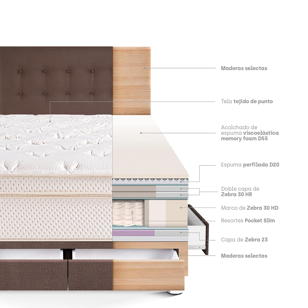 DORMITORIO CON CAJONES PARAÍSO ROYAL CLOUD QUEEN CHOCOLATE + 2 ALMOHADAS VISCOELÁSTICAS - 4