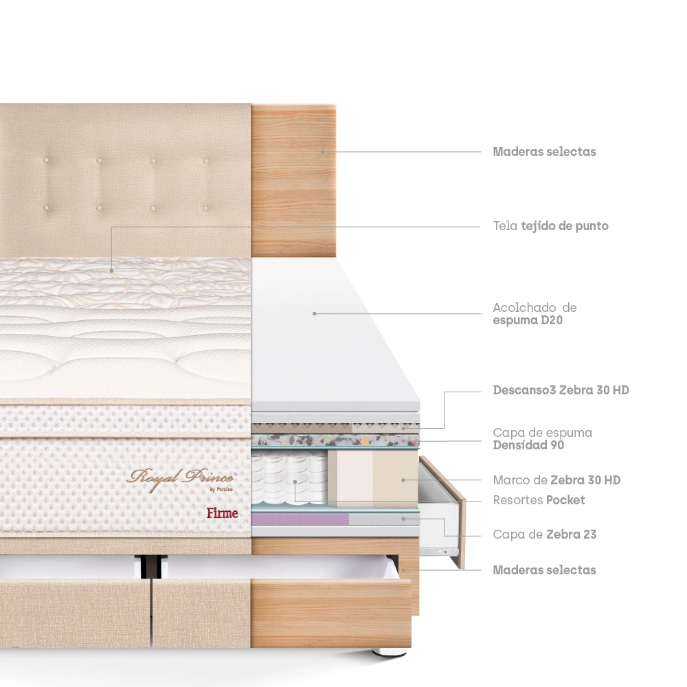 DORMITORIO CON CAJONES PARAÍSO ROYAL PRINCE KING CHAMPAGNE + 2 ALMOHADAS VISCOELÁSTICAS - 4