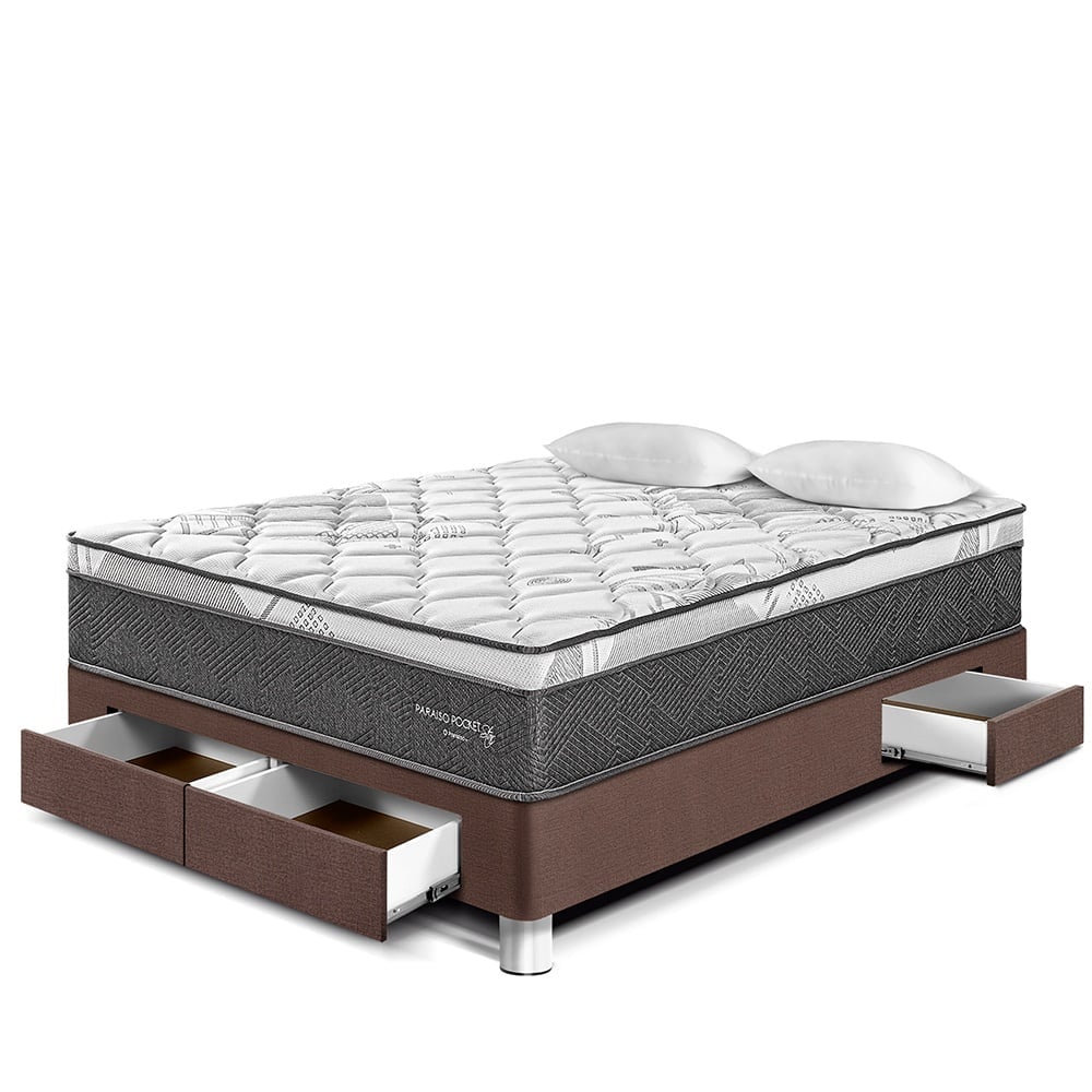 CAMA AMERICANA PARAÍSO CON CAJONES POCKET STAR 2 PLAZAS CHOCOLATE + 2 ALMOHADAS + PROTECTOR - 1