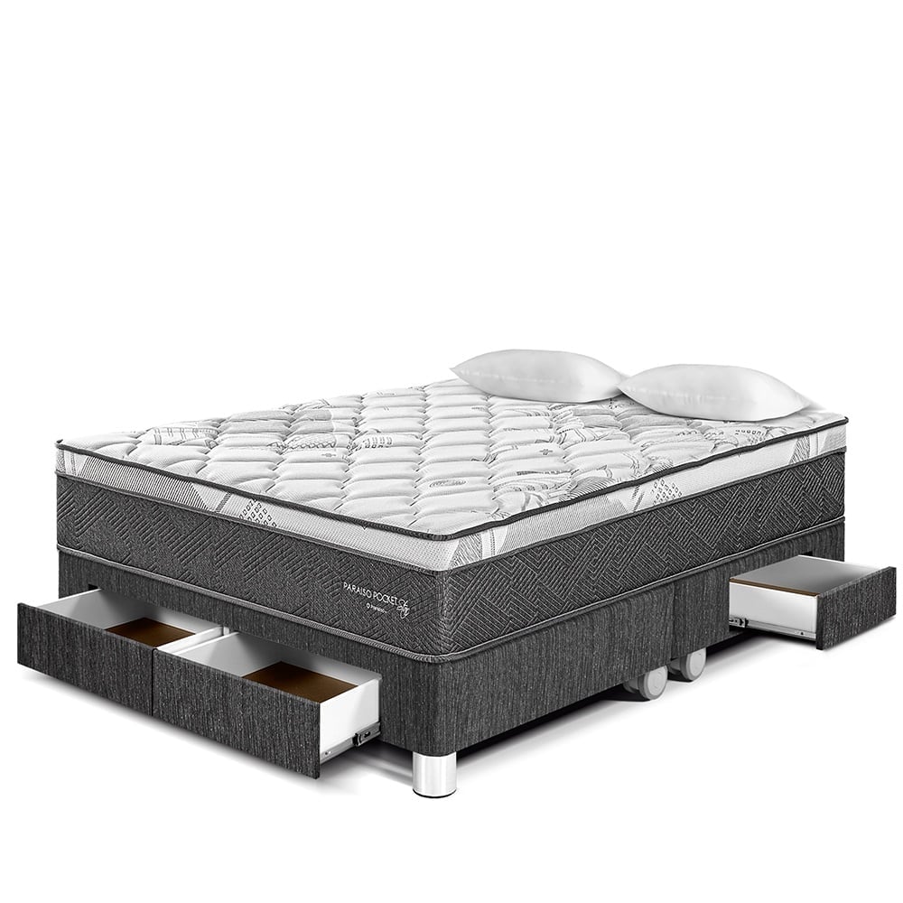 CAMA AMERICANA PARAÍSO CON CAJONES POCKET STAR QUEEN CHARCOAL + 2 ALMOHADAS + PROTECTOR - 1