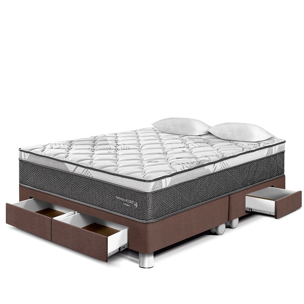 CAMA AMERICANA PARAÍSO CON CAJONES POCKET STAR KING CHOCOLATE + 2 ALMOHADAS + PROTECTOR - 1