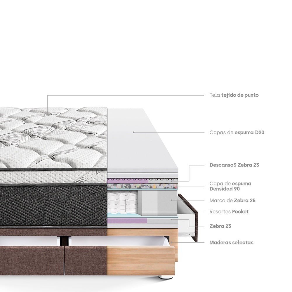 CAMA AMERICANA PARAÍSO CON CAJONES POCKET STAR KING CHOCOLATE + 2 ALMOHADAS + PROTECTOR - 4