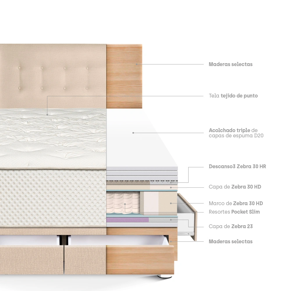 DORMITORIO CON CAJONES PARAÍSO ROYAL CROWN QUEEN CHAMPAGNE + 2 ALMOHADAS VISCOELÁSTICAS - 4