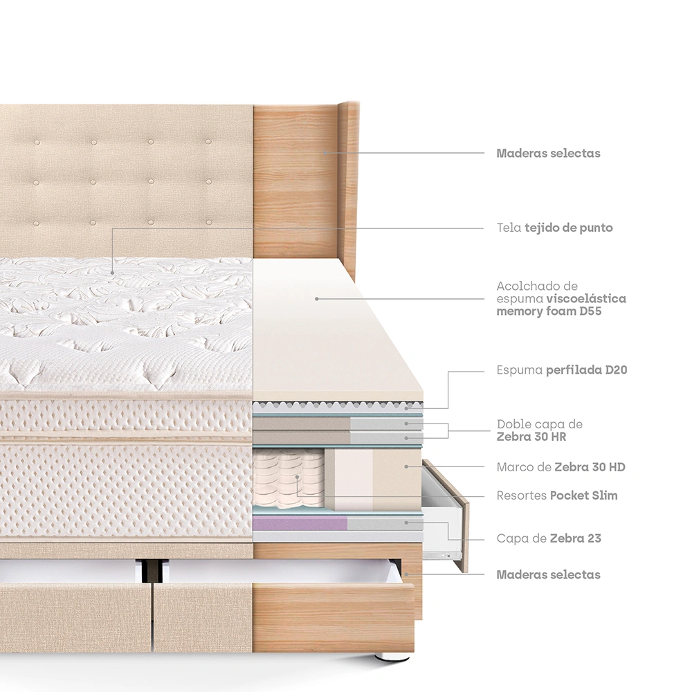 DORMITORIO CON CAJONES PARAÍSO ROYAL CLOUD 2 PLAZAS + CABECERA GOLD CHAMPAGNE + 2 ALMOHADAS VISCOELÁSTICAS - 4