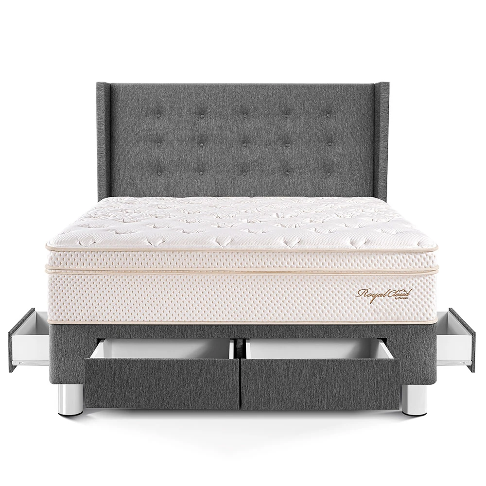 DORMITORIO CON CAJONES PARAÍSO ROYAL CLOUD 2 PLAZAS + CABECERA GOLD GRIS + 2 ALMOHADAS VISCOELÁSTICAS - 3
