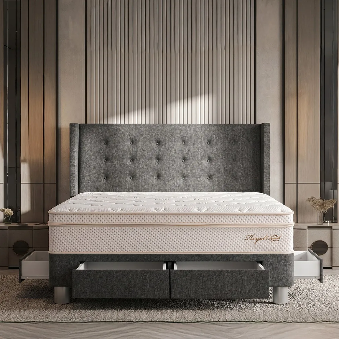 DORMITORIO CON CAJONES PARAÍSO ROYAL CLOUD QUEEN + CABECERA GOLD GRIS + 2 ALMOHADAS VISCOELÁSTICAS - 1