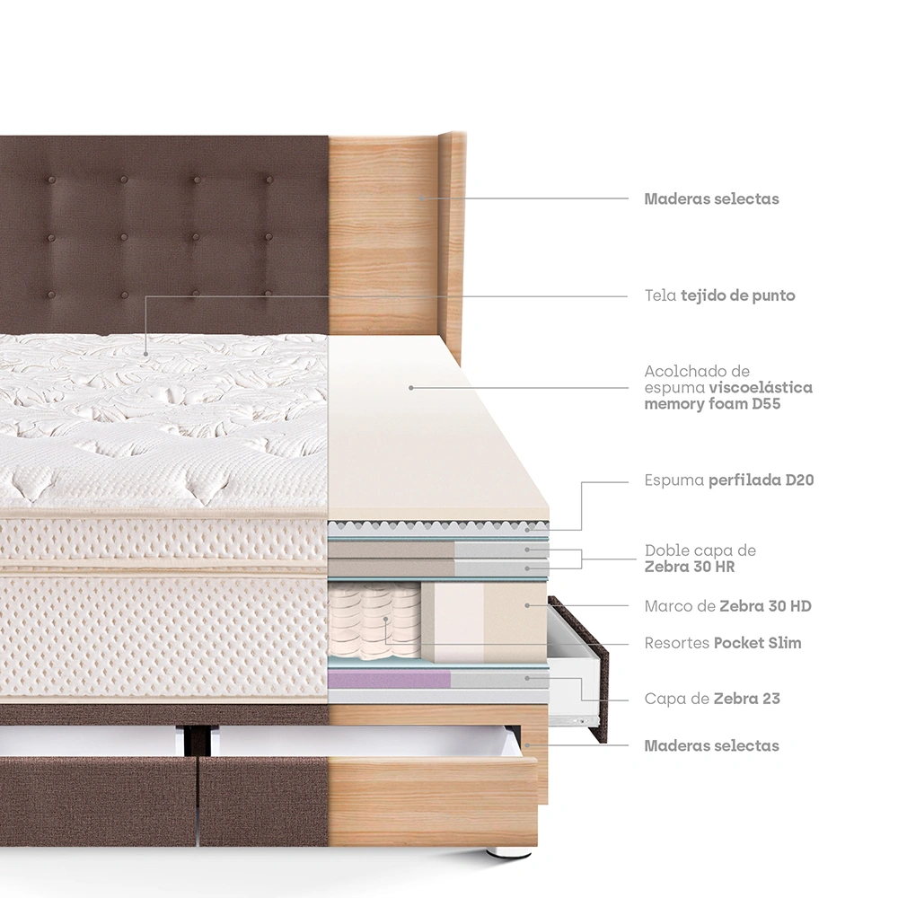 DORMITORIO CON CAJONES PARAÍSO ROYAL CLOUD KING + CABECERA GOLD CHOCOLATE + 2 ALMOHADAS VISCOELÁSTICAS - 4