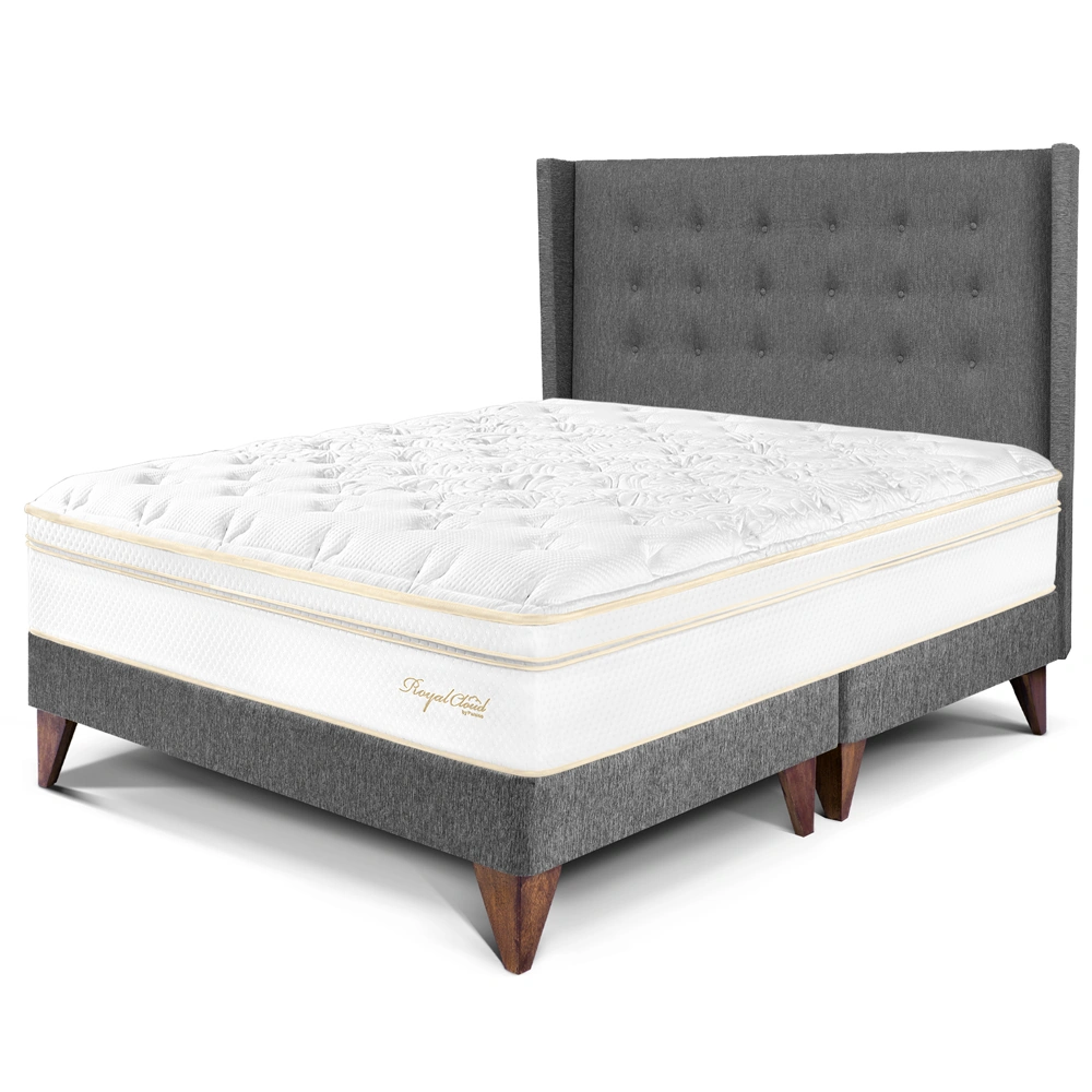 DORMITORIO EUROPEO PARAÍSO ROYAL CLOUD QUEEN + CABECERA GOLD GRIS + 2 ALMOHADAS VISCOELÁSTICAS - 1