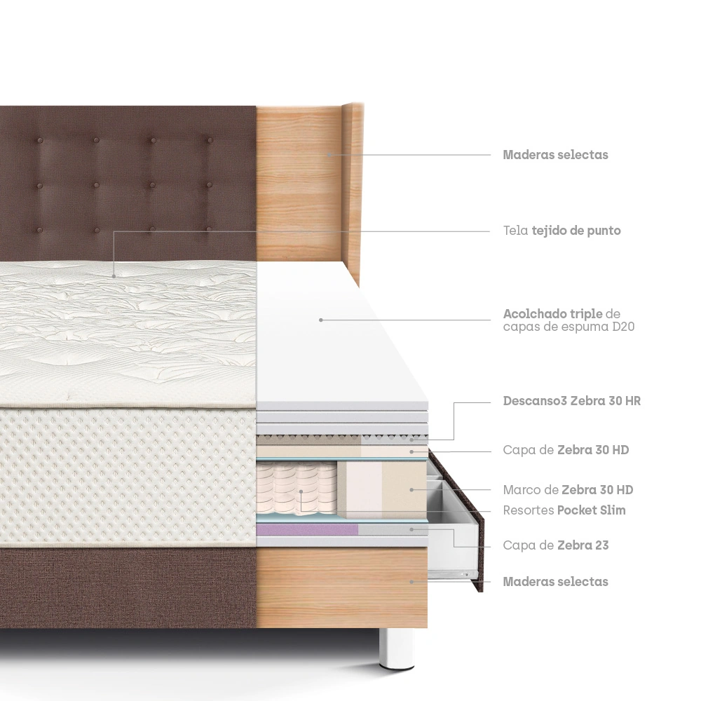 DORMITORIO CON CAJONES PARAÍSO ROYAL CROWN 1.5 PLAZAS + CABECERA GOLD CHOCOLATE + 1 ALMOHADA VISCOELÁSTICA - 4