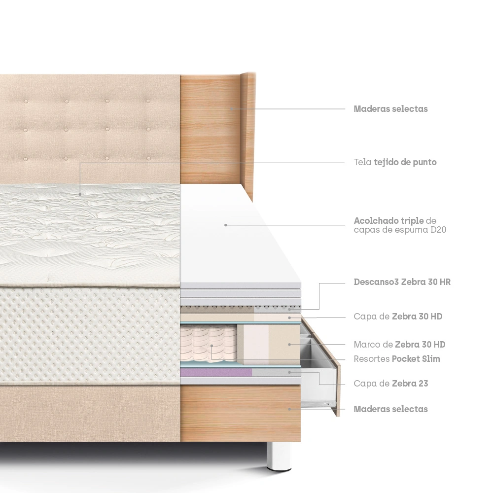 DORMITORIO CON CAJONES PARAÍSO ROYAL CROWN 1.5 PLAZAS + CABECERA GOLD CHAMPAGNE + 1 ALMOHADA VISCOELÁSTICA - 4