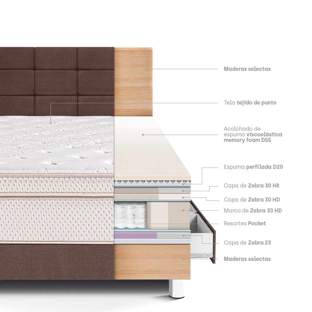 DORMITORIO CON CAJONES PARAÍSO ROYAL DYNASTY 1.5 PLAZAS + CABECERA BLOCKS CHOCOLATE + 1 ALMOHADA VISCOELÁSTICA - 4