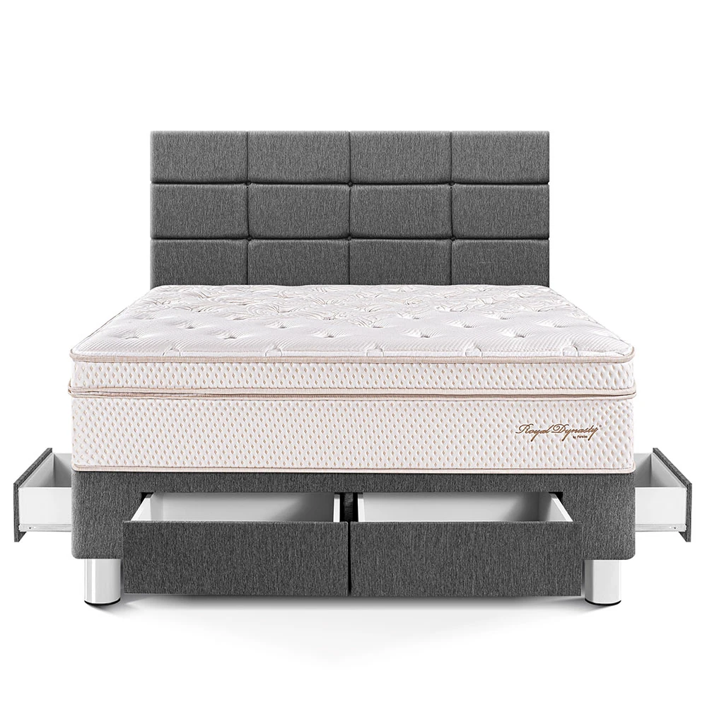 DORMITORIO CON CAJONES PARAÍSO ROYAL DYNASTY 2 PLAZAS + CABECERA BLOCKS GRIS + 2 ALMOHADAS VISCOELÁSTICAS - 3