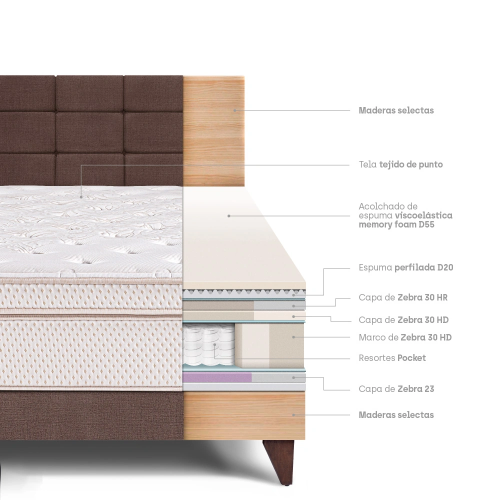 DORMITORIO EUROPEO PARAÍSO ROYAL DYNASTY QUEEN + CABECERA BLOCKS CHOCOLATE + 2 ALMOHADAS VISCOELÁSTICAS - 4