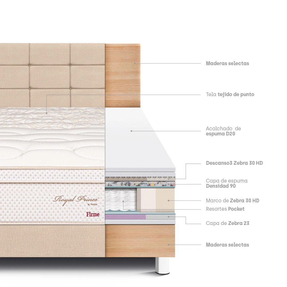 DORMITORIO PARAÍSO ROYAL PRINCE 1.5 PLAZAS + CABECERA BLOCKS CHAMPAGNE + 1 ALMOHADA VISCOELÁSTICA - 4