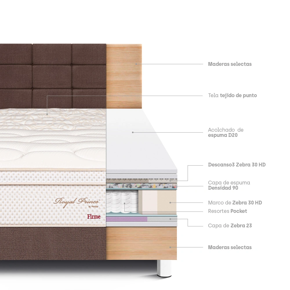 DORMITORIO PARAÍSO ROYAL PRINCE QUEEN + CABECERA BLOCKS CHOCOLATE + 2 ALMOHADAS VISCOELÁSTICAS - 4