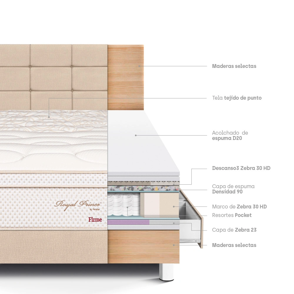 DORMITORIO CON CAJONES PARAÍSO ROYAL PRINCE 1.5 PLAZAS + CABECERA BLOCKS CHAMPAGNE + 1 ALMOHADA VISCOELÁSTICA - 4