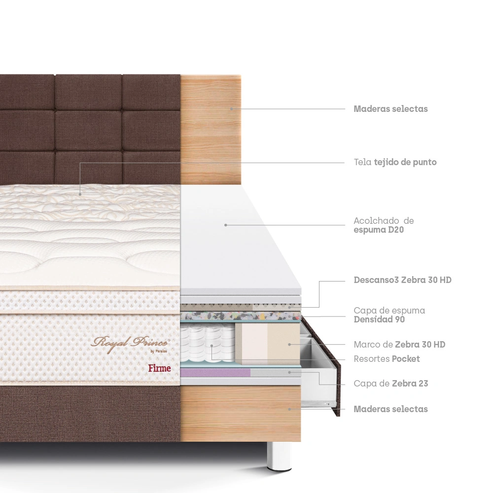DORMITORIO CON CAJONES PARAÍSO ROYAL PRINCE 1.5 PLAZAS + CABECERA BLOCKS CHOCOLATE + 1 ALMOHADA VISCOELÁSTICA - 4