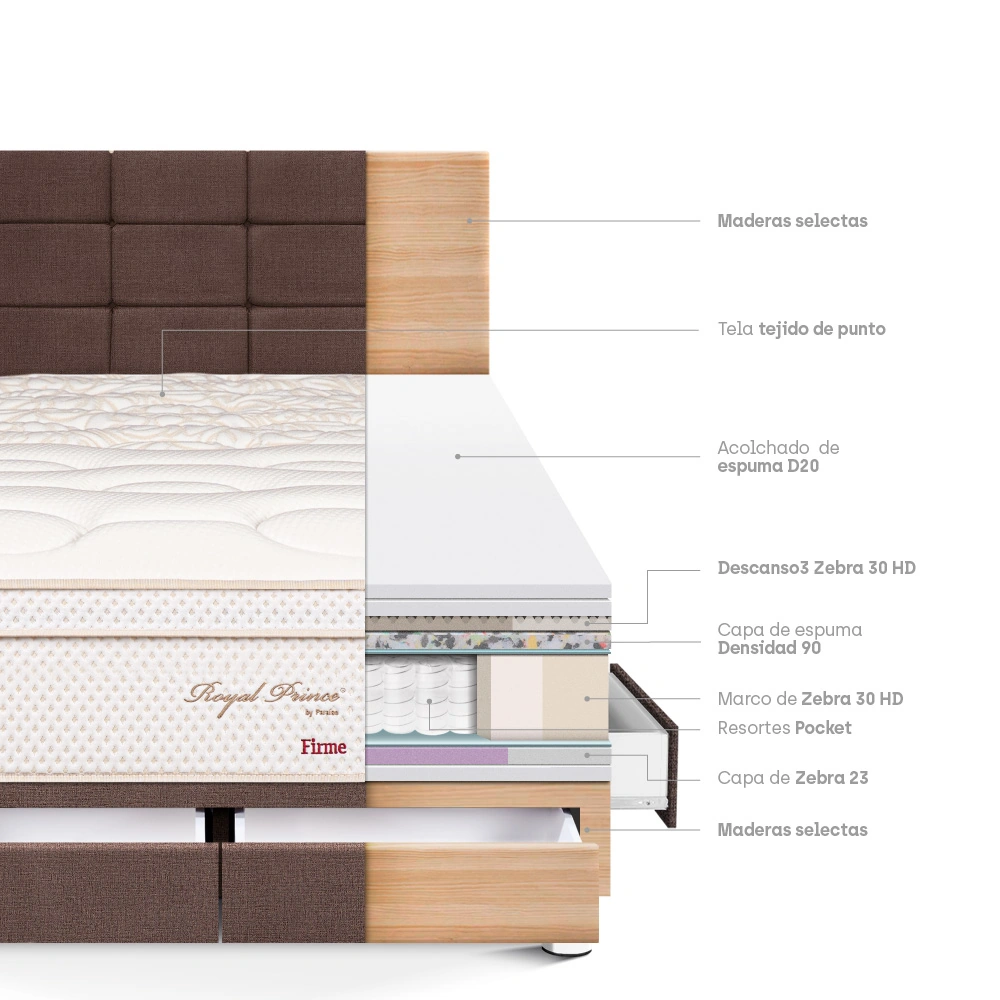 DORMITORIO CON CAJONES PARAÍSO ROYAL PRINCE QUEEN + CABECERA BLOCKS CHOCOLATE + 2 ALMOHADAS VISCOELÁSTICAS - 4