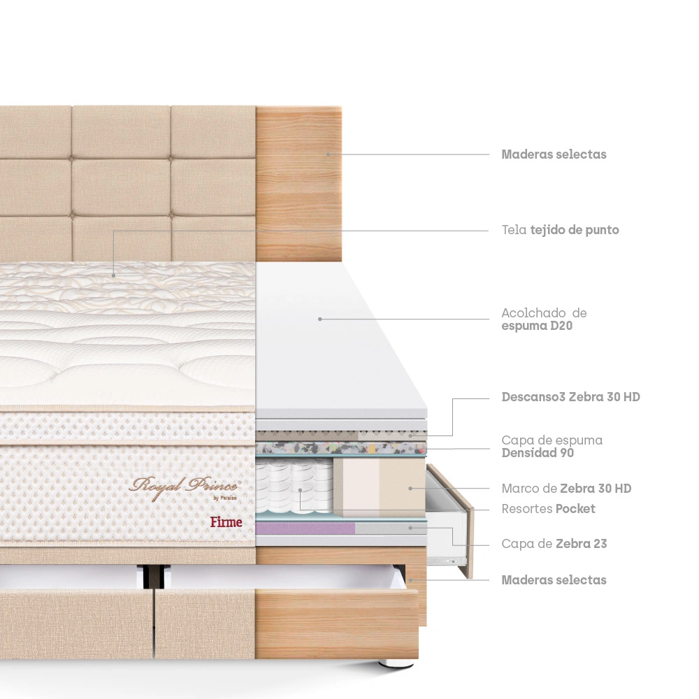 DORMITORIO CON CAJONES PARAÍSO ROYAL PRINCE KING + CABECERA BLOCKS CHAMPAGNE + 2 ALMOHADAS VISCOELÁSTICAS - 4