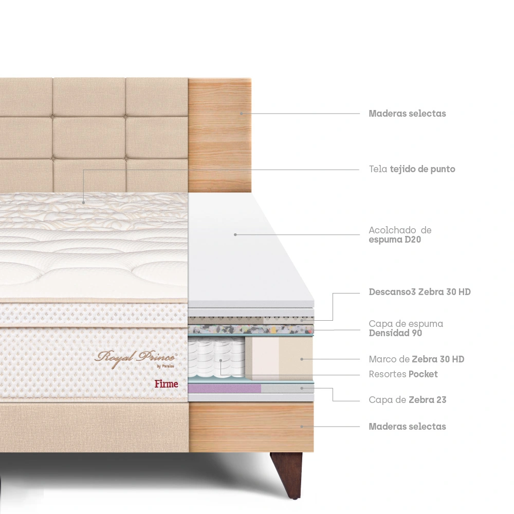 DORMITORIO EUROPEO PARAÍSO ROYAL PRINCE 1.5 PLAZAS + CABECERA BLOCKS CHAMPAGNE + 1 ALMOHADA VISCOELÁSTICA - 4