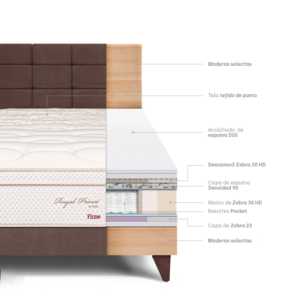 DORMITORIO EUROPEO PARAÍSO ROYAL PRINCE 1.5 PLAZAS + CABECERA BLOCKS CHOCOLATE + 1 ALMOHADA VISCOELÁSTICA - 4