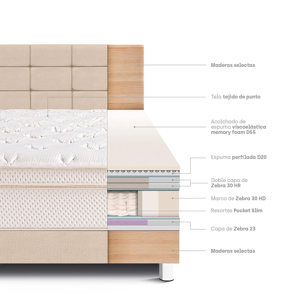 DORMITORIO PARAÍSO ROYAL CLOUD QUEEN + CABECERA BLOCKS CHAMPAGNE + 2 ALMOHADAS VISCOELÁSTICAS - 4