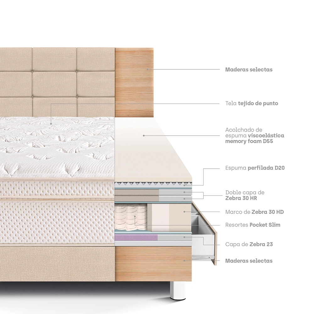 DORMITORIO CON CAJONES PARAÍSO ROYAL CLOUD 1.5 PLAZAS + CABECERA BLOCKS CHAMPAGNE + 1 ALMOHADA VISCOELÁSTICA - 4