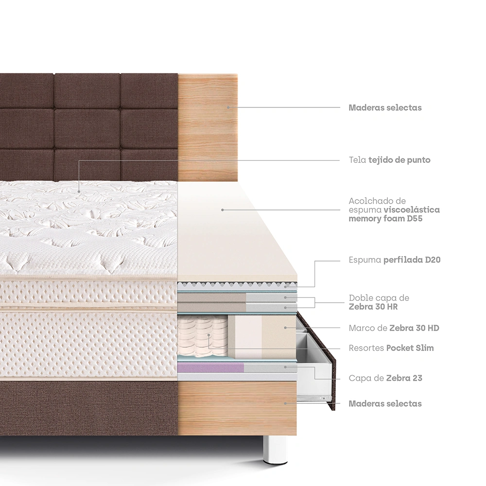 DORMITORIO CON CAJONES PARAÍSO ROYAL CLOUD 1.5 PLAZAS + CABECERA BLOCKS CHOCOLATE + 1 ALMOHADA VISCOELÁSTICA - 4