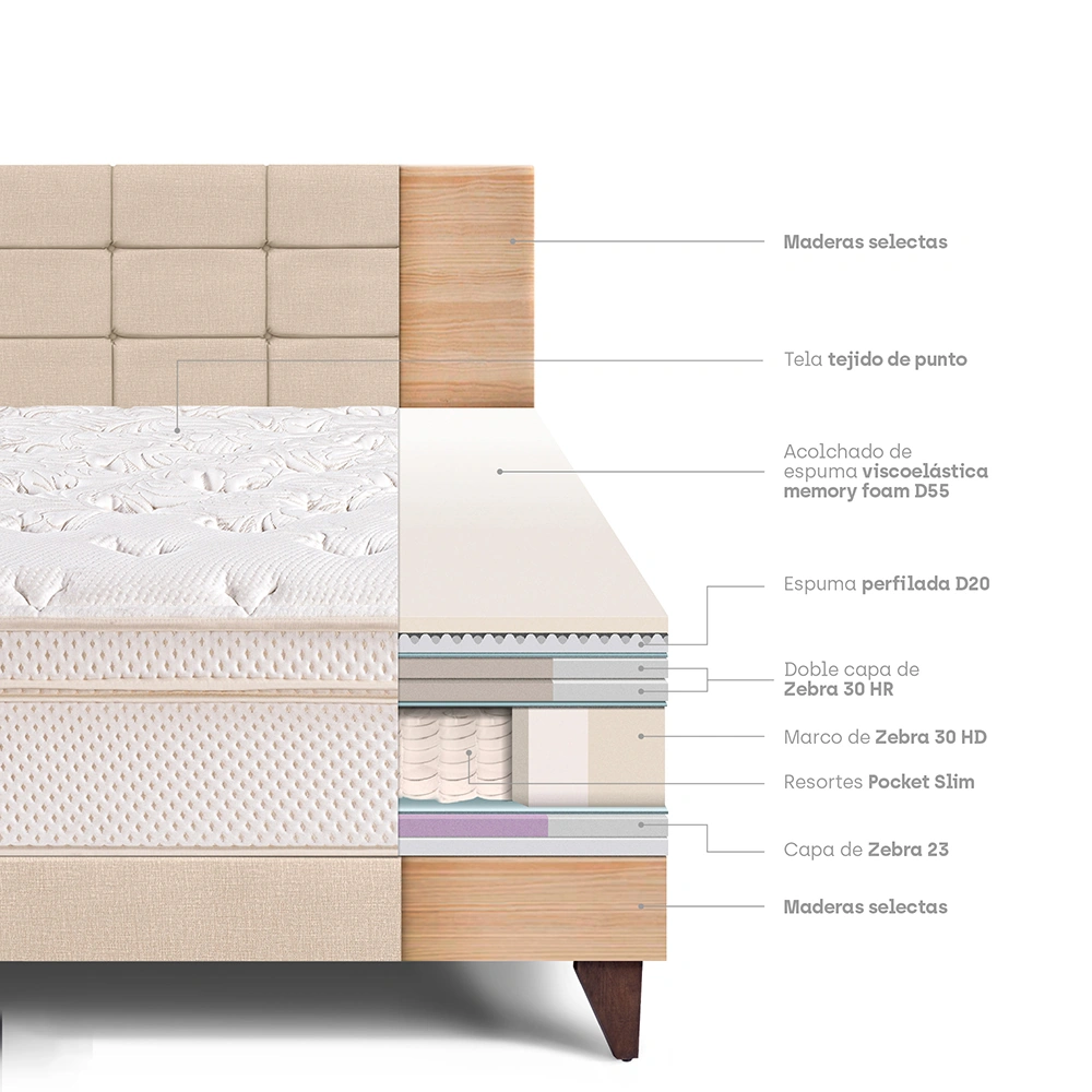 DORMITORIO EUROPEO PARAÍSO ROYAL CLOUD 1.5 PLAZAS + CABECERA BLOCKS CHAMPAGNE + 1 ALMOHADA VISCOELÁSTICA - 4