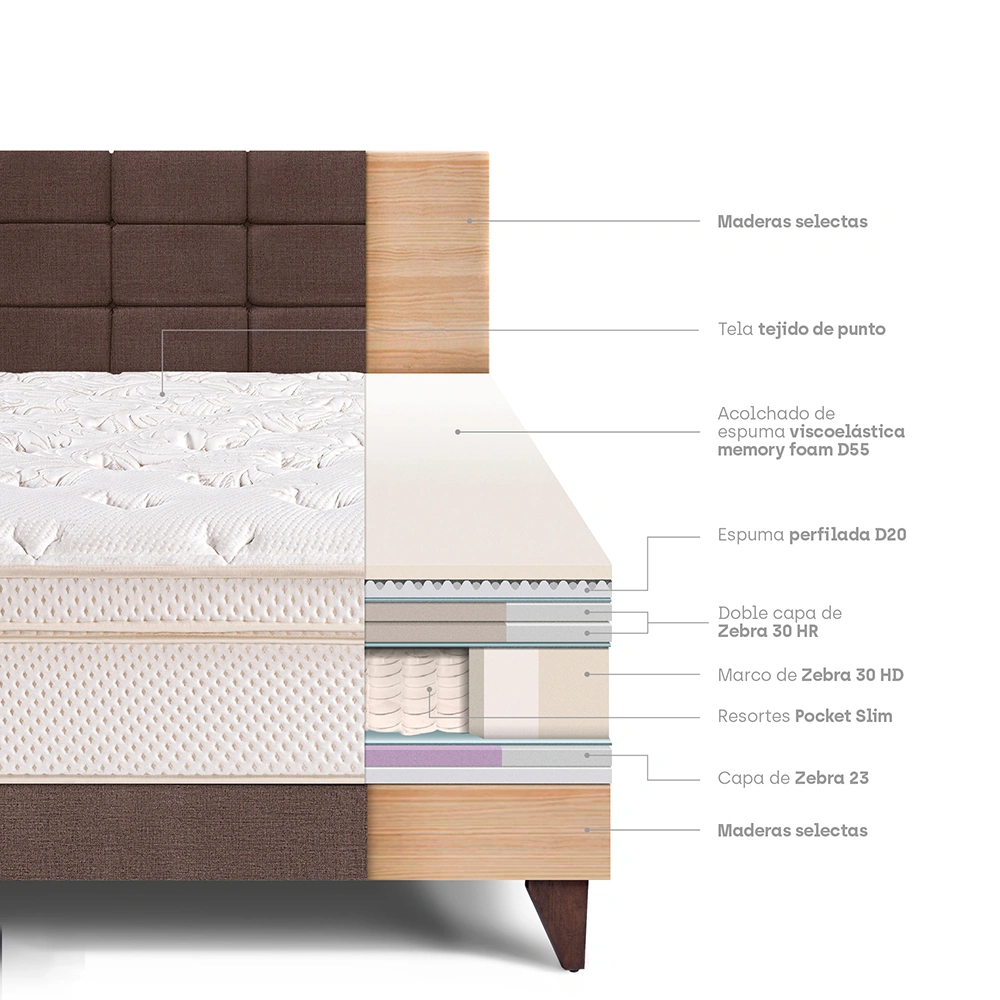 DORMITORIO EUROPEO PARAÍSO ROYAL CLOUD QUEEN + CABECERA BLOCKS CHOCOLATE + 2 ALMOHADAS VISCOELÁSTICAS - 4
