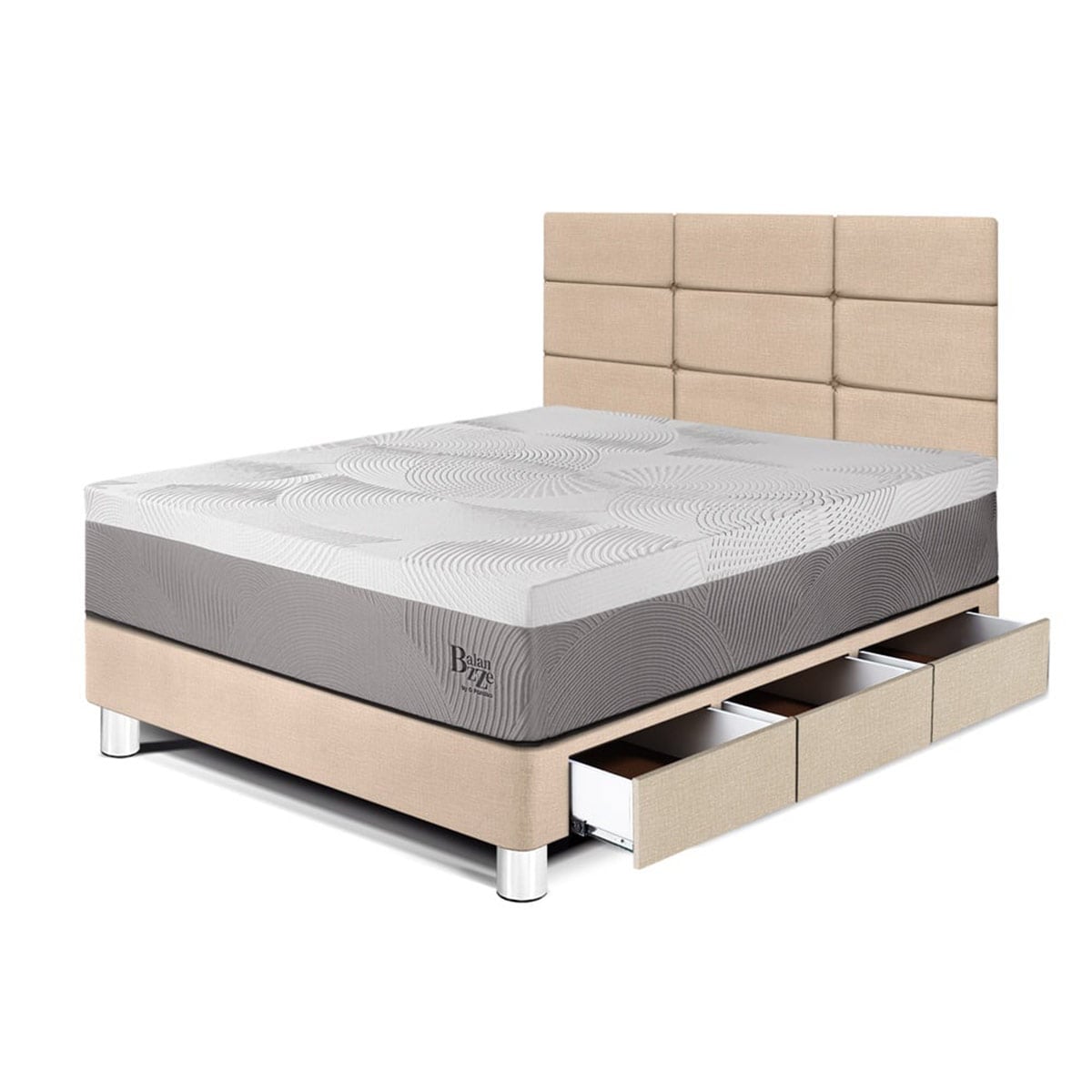 DORMITORIO CON CAJONES PARAÍSO BALANZZE 1.5 PLAZAS ROYAL + CABECERA BLOCKS CHAMPAGNE + 1 ALMOHADA VISCOELÁSTICA - 1