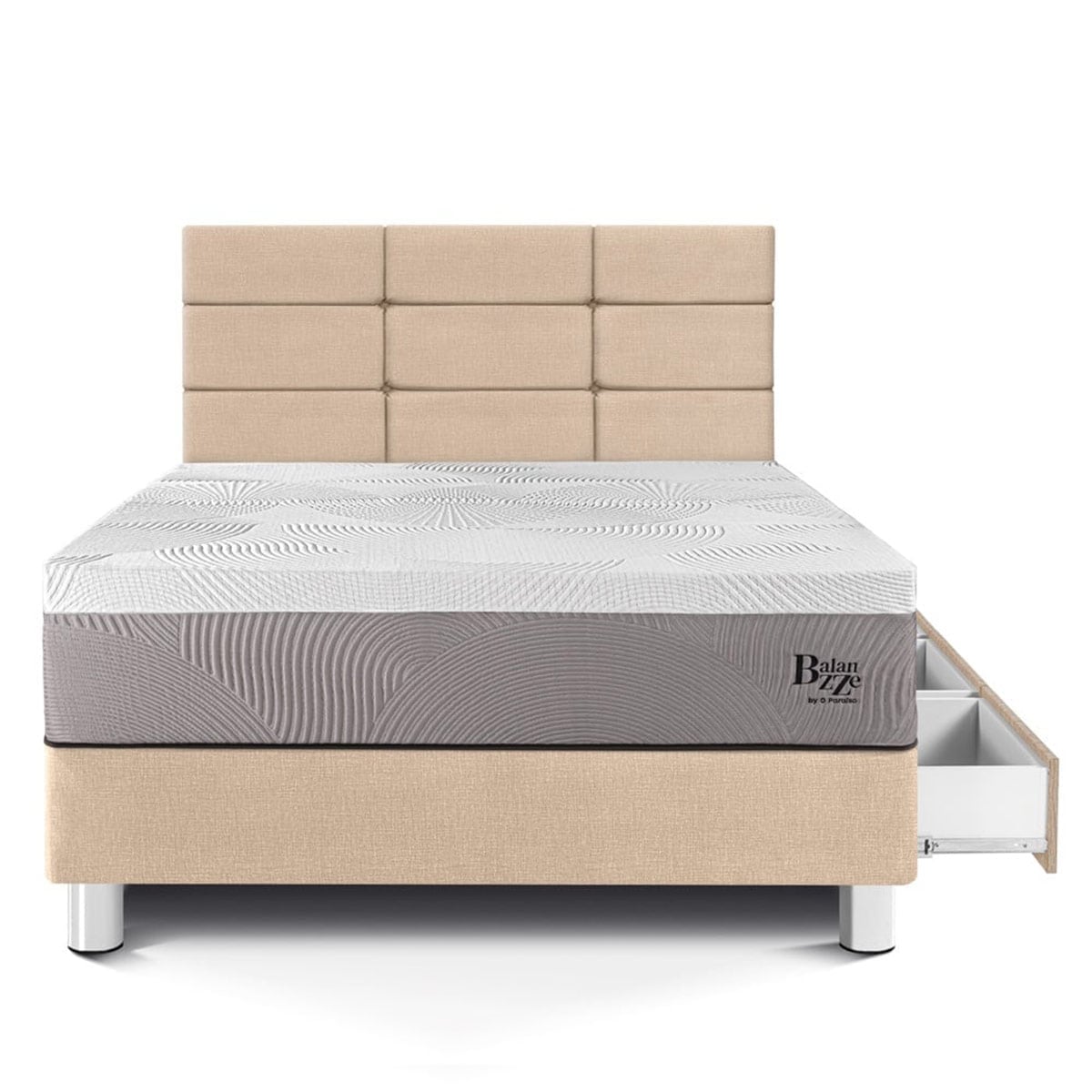DORMITORIO CON CAJONES PARAÍSO BALANZZE 1.5 PLAZAS ROYAL + CABECERA BLOCKS CHAMPAGNE + 1 ALMOHADA VISCOELÁSTICA - 3