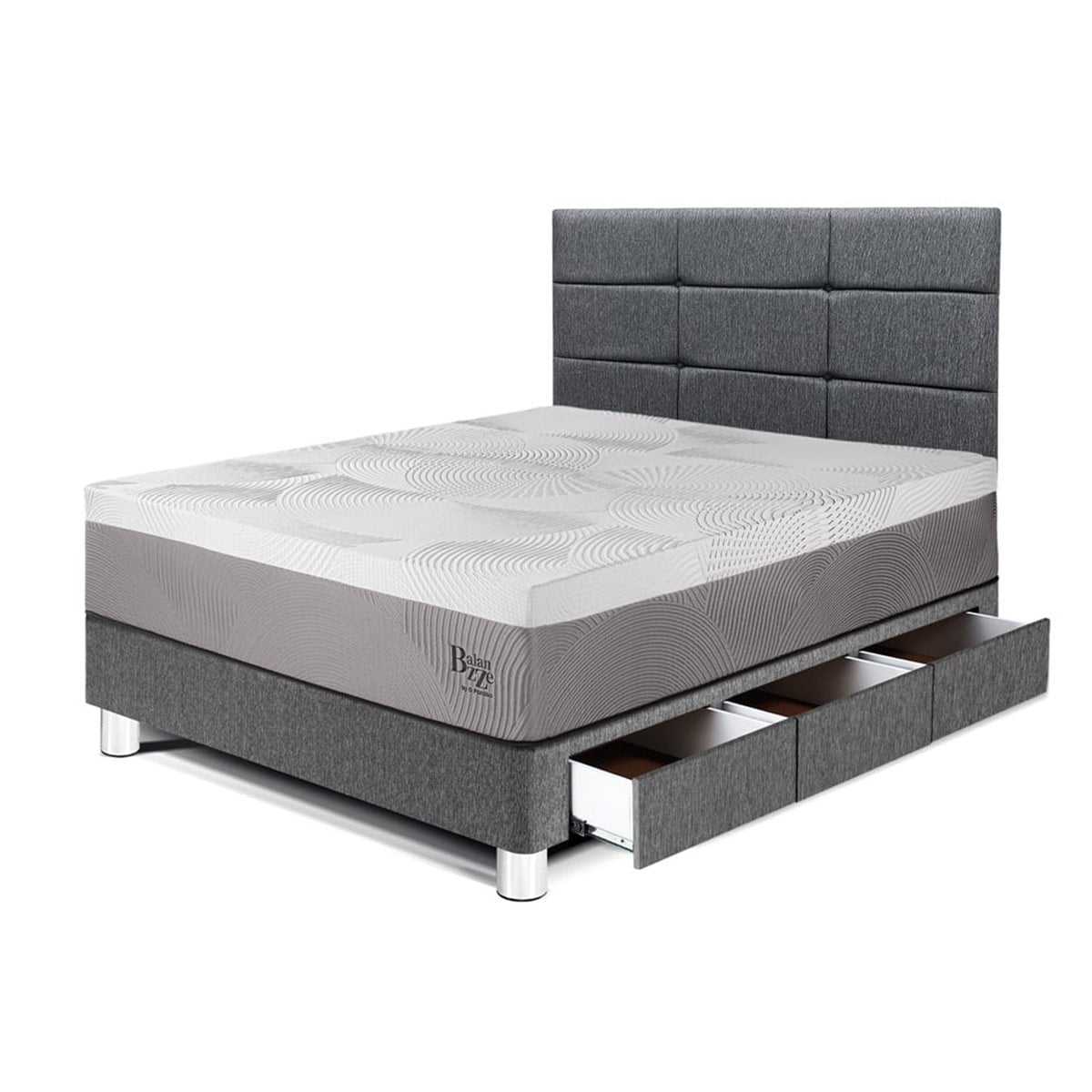 DORMITORIO CON CAJONES PARAÍSO BALANZZE 1.5 PLAZAS ROYAL + CABECERA BLOCKS GRIS + 1 ALMOHADA VISCOELÁSTICA - 1