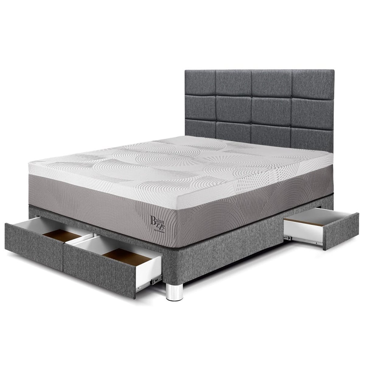 DORMITORIO CON CAJONES PARAÍSO BALANZZE 2 PLAZAS ROYAL + CABECERA BLOCKS GRIS + 2 ALMOHADAS VISCOELÁSTICAS - 1