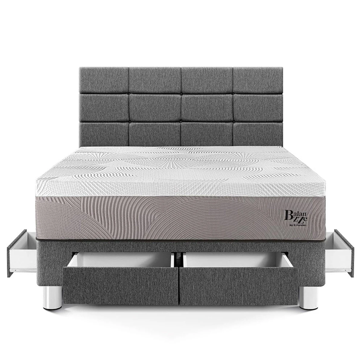 DORMITORIO CON CAJONES PARAÍSO BALANZZE 2 PLAZAS ROYAL + CABECERA BLOCKS GRIS + 2 ALMOHADAS VISCOELÁSTICAS - 3