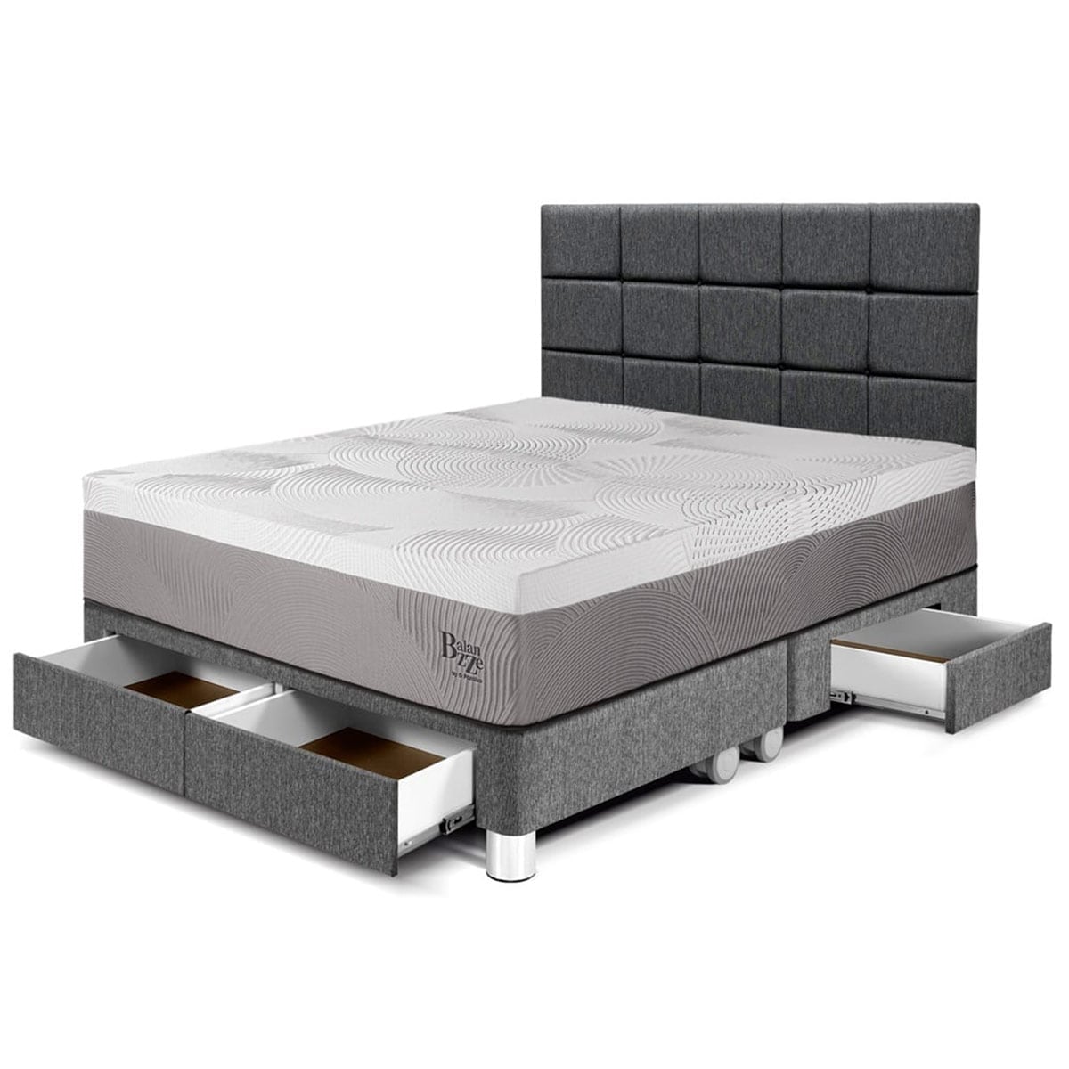 DORMITORIO CON CAJONES PARAÍSO BALANZZE QUEEN ROYAL + CABECERA BLOCKS GRIS + 2 ALMOHADAS VISCOELÁSTICAS - 1