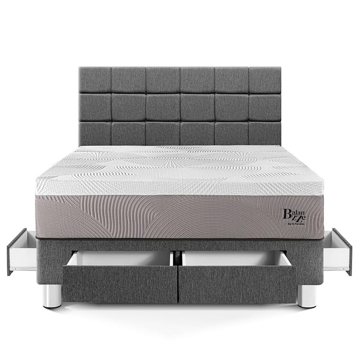 DORMITORIO CON CAJONES PARAÍSO BALANZZE KING ROYAL + CABECERA BLOCKS GRIS + 2 ALMOHADAS VISCOELÁSTICAS - 3
