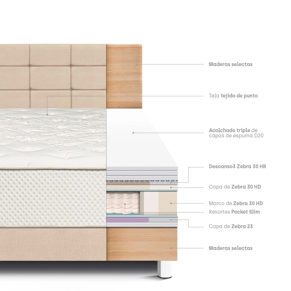 DORMITORIO PARAÍSO ROYAL CROWN 1.5 PLAZAS + CABECERA BLOCKS CHAMPAGNE + 1 ALMOHADA VISCOELÁSTICA - 4