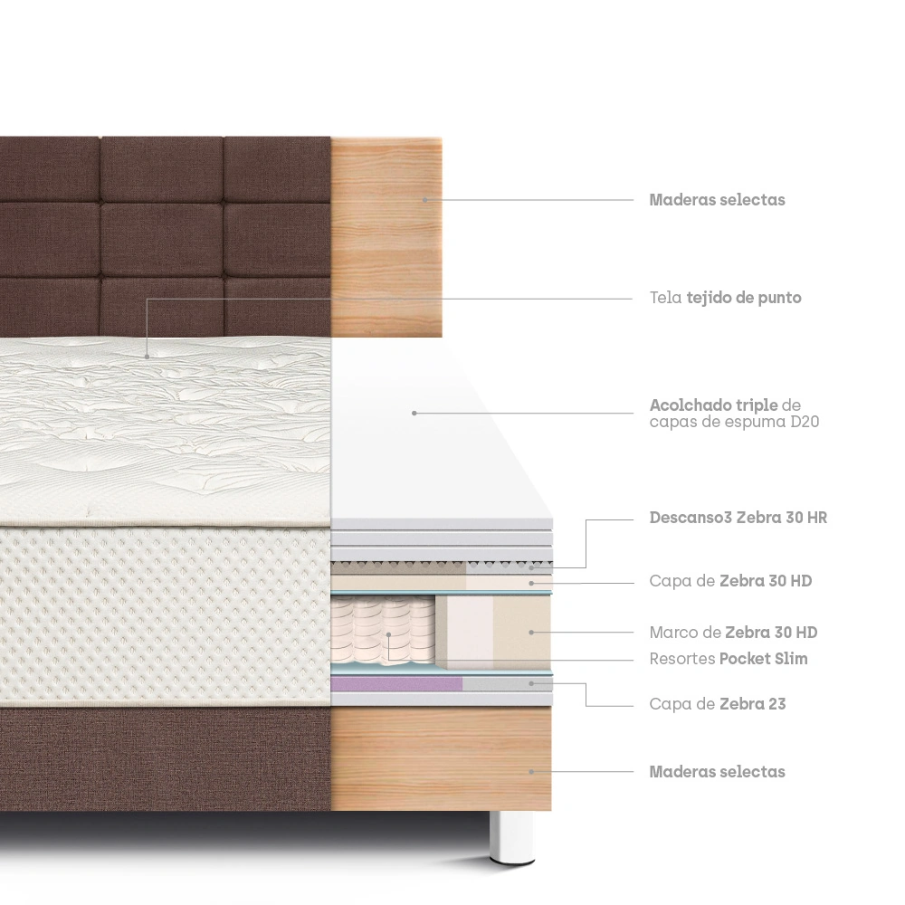 DORMITORIO PARAÍSO ROYAL CROWN QUEEN + CABECERA BLOCKS CHOCOLATE + 2 ALMOHADAS VISCOELÁSTICAS - 4