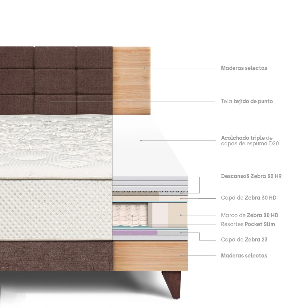 DORMITORIO EUROPEO PARAÍSO ROYAL CROWN 1.5 PLAZAS + CABECERA BLOCKS CHOCOLATE + 1 ALMOHADA VISCOELÁSTICA - 4