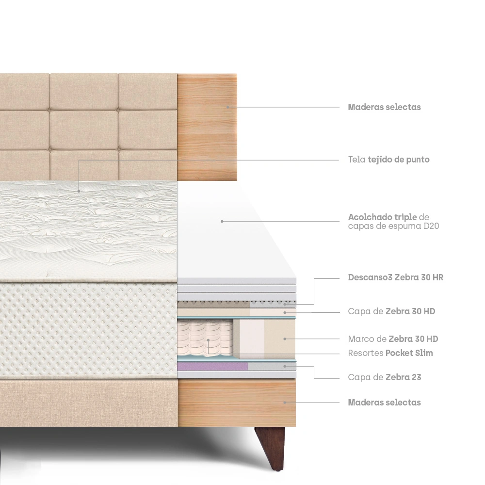 DORMITORIO EUROPEO PARAÍSO ROYAL CROWN QUEEN + CABECERA BLOCKS CHAMPAGNE + 2 ALMOHADAS VISCOELÁSTICAS - 4
