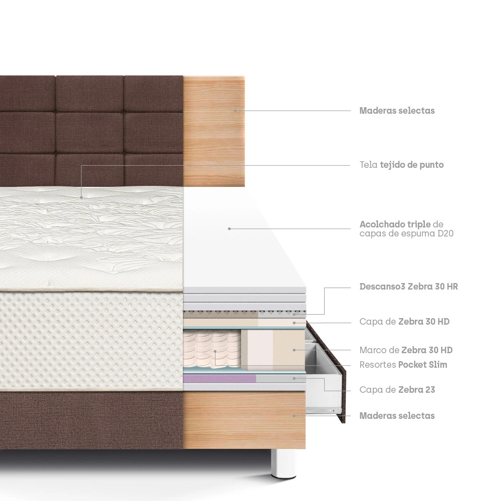 DORMITORIO CON CAJONES PARAÍSO ROYAL CROWN 1.5 PLAZAS + CABECERA BLOCKS CHOCOLATE + 1 ALMOHADA VISCOELÁSTICA - 4