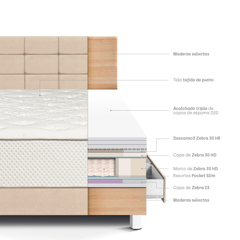 DORMITORIO CON CAJONES PARAÍSO ROYAL CROWN 1.5 PLAZAS + CABECERA BLOCKS CHAMPAGNE + 1 ALMOHADA VISCOELÁSTICA - 4