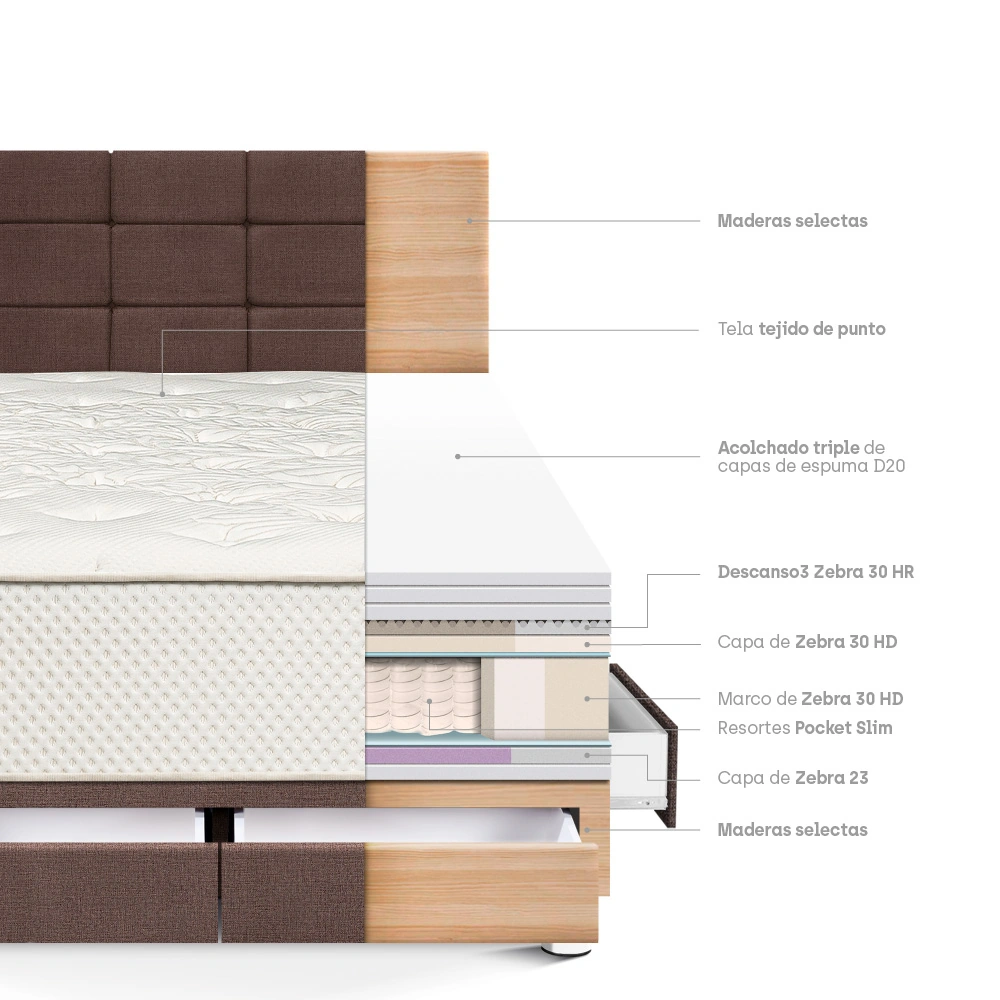 DORMITORIO CON CAJONES PARAÍSO ROYAL CROWN QUEEN + CABECERA BLOCKS CHOCOLATE + 2 ALMOHADAS VISCOELÁSTICAS - 4