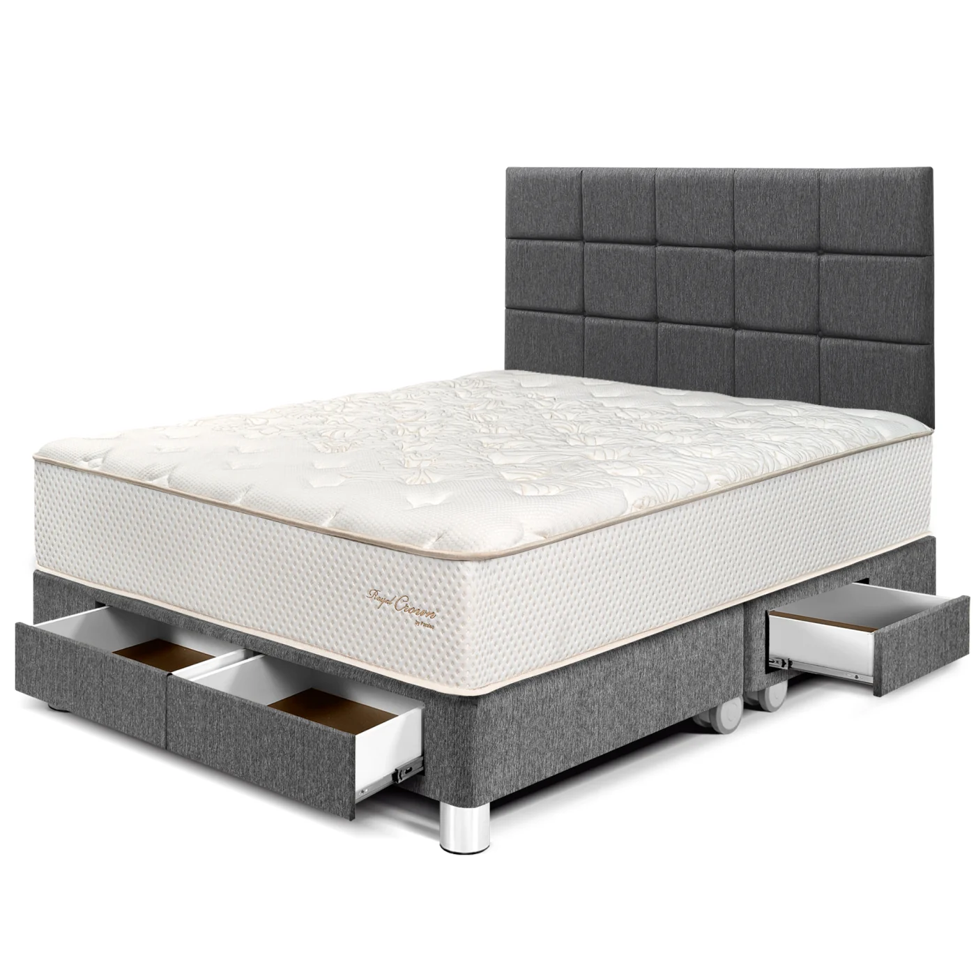 DORMITORIO CON CAJONES PARAÍSO ROYAL CROWN QUEEN + CABECERA BLOCKS GRIS + 2 ALMOHADAS VISCOELÁSTICAS - 1