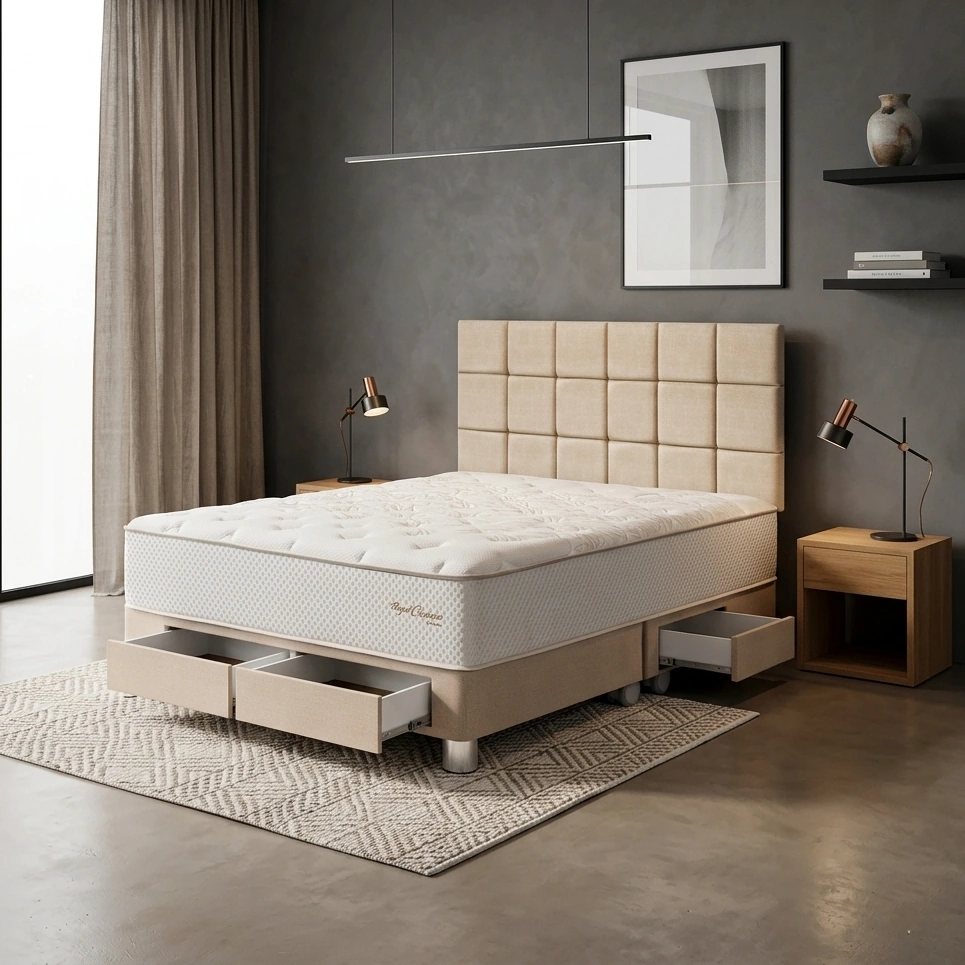 DORMITORIO CON CAJONES PARAÍSO ROYAL CROWN KING + CABECERA BLOCKS CHAMPAGNE + 2 ALMOHADAS VISCOELÁSTICAS - 1
