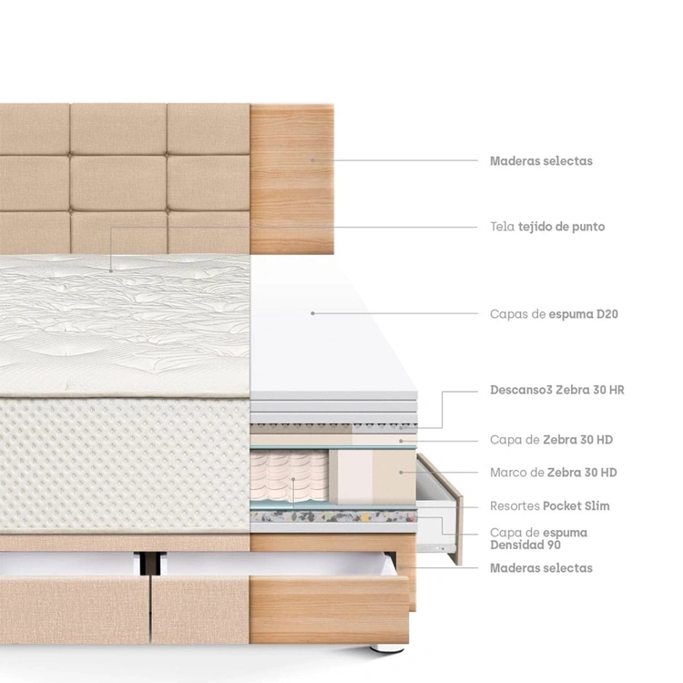 DORMITORIO CON CAJONES PARAÍSO ROYAL CROWN KING + CABECERA BLOCKS CHAMPAGNE + 2 ALMOHADAS VISCOELÁSTICAS - 5