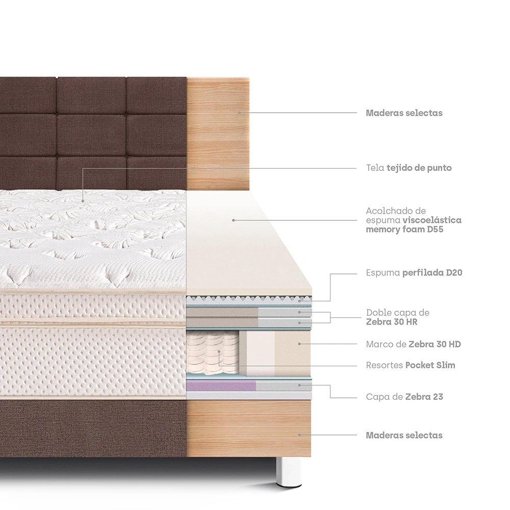 DORMITORIO PARAÍSO ROYAL CLOUD 2 PLAZAS + CABECERA BLOCKS CHOCOLATE + 2 ALMOHADAS VISCOELÁSTICAS - 4