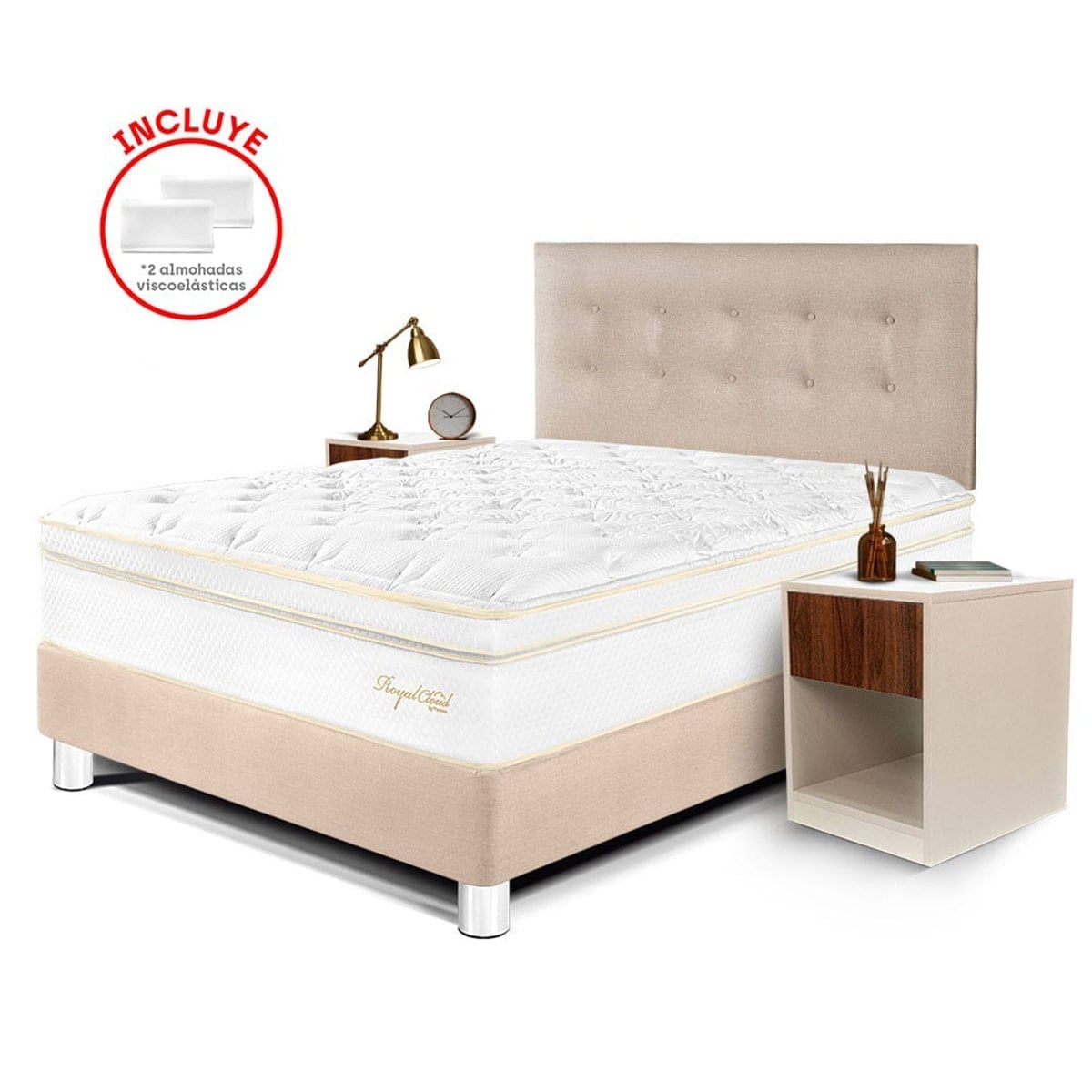 DORMITORIO PARAISO ROYAL CLOUD 2 PLAZAS + VELADORES + 2 ALMOHADAS VISCOELÁSTICAS - 1